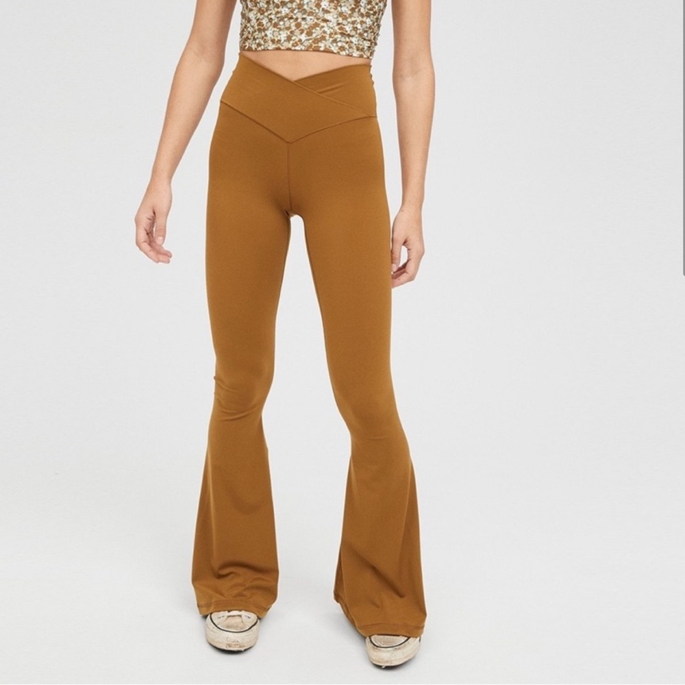 Aerie Crossover High Waisted Mustard Tan Flare Leggings